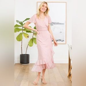 Wrapped up in your love blush dotted ruffled wrap midi dress from Lulu’s